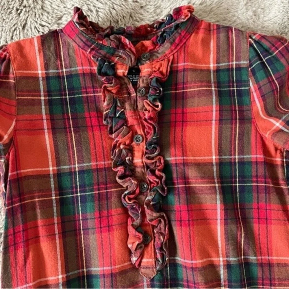 Ralph Lauren Girl’s Red Black Plaid Holiday Cotton Flannel Ruffle Dress SZ 5